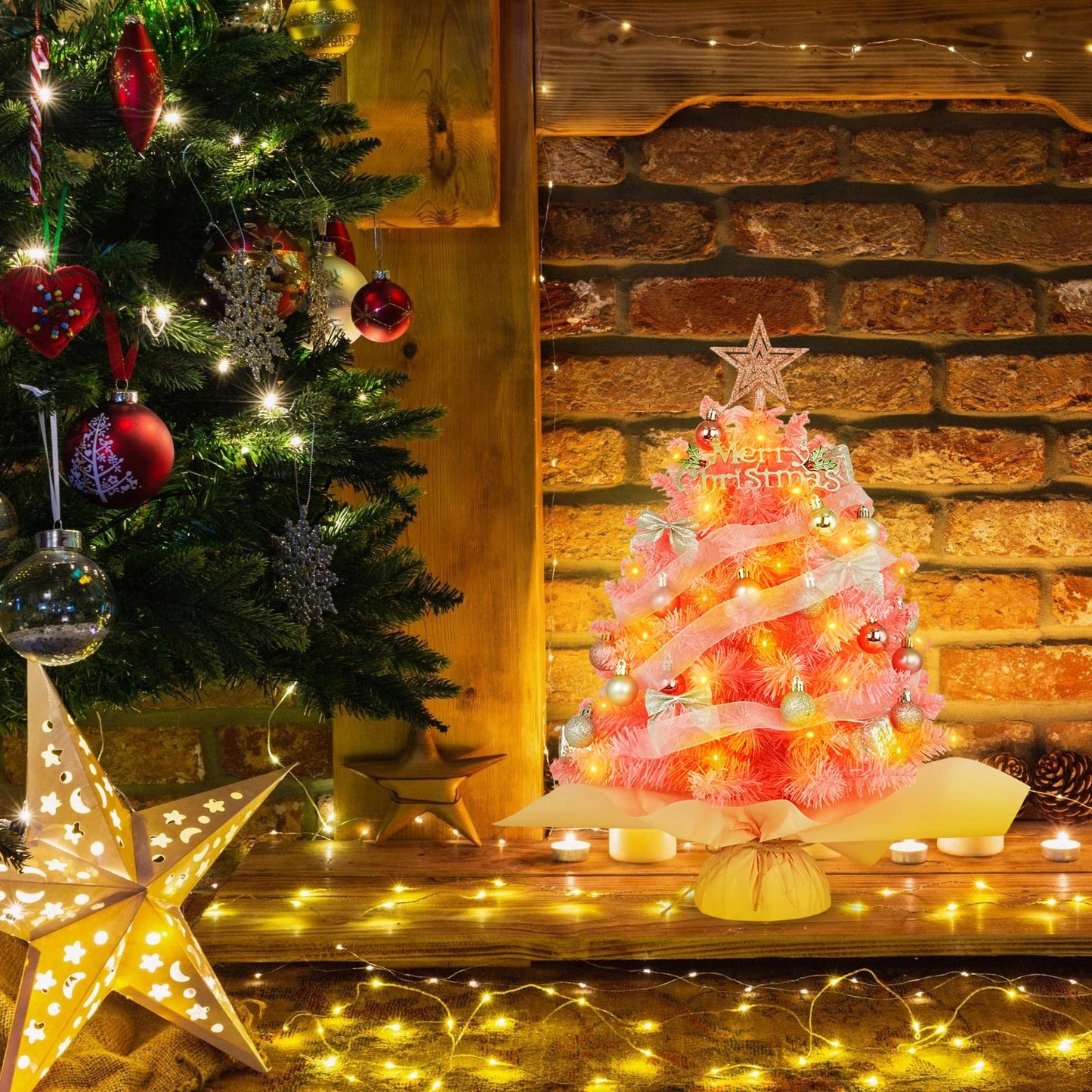 20" Mini Pink Christmas Tree, Artificial Small Christmas Tree with Lights, Tabletop Christmas Tree with Star Treetop,Bow Boxes and Ball Ornaments for DIY Christmas Decoration (Pink)