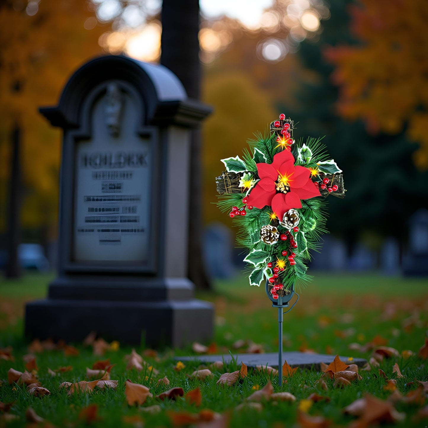 YULETIME 36" Christmas Cross Stake, Solar Powered with 15 Fairy Lights, Metal Cross, Natural Rattan, Red Poinsettia & Berries, Pine Cones, Pine Needles (Red)