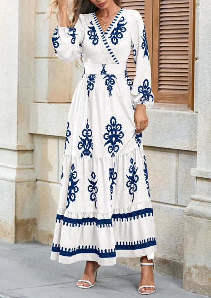 PRETTYGARDEN Women's 2025 Fall Wedding Guest Dresses Boho Floral Long Sleeve V Neck Flowy Elegant Maxi Dress Beach Clothes