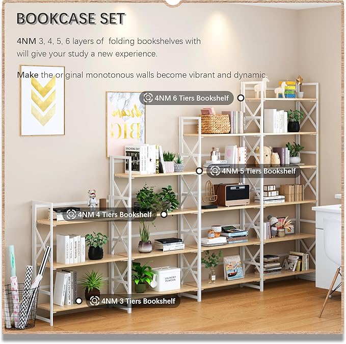 4NM 6 Tiers No Assembly Book Shelves, 61.8" H Folding Bookshelf Bookcase Open