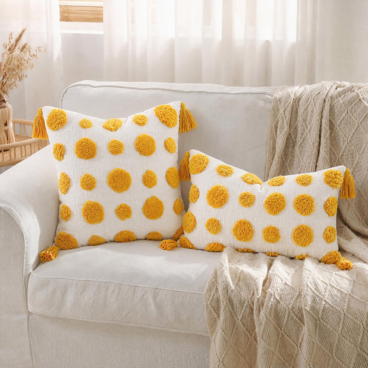 PANOD Super Soft Farmhouse Decorative Plush Throw Pillow Covers 12 x 20 Yellow,Solid Pom pom Tufted with Tassels Modern Accent Boho Lumbar Cushion Cover Pillow Case for Couch Sofa