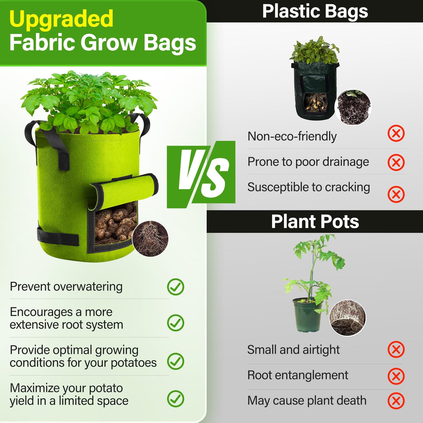 Suntee 6 Pack 10 Gallon Potato Grow Bags with Flap, Thickened Nonwoven Fabric Grow Bags for Growing Potatoes, Colorful Plant Grow Bags Pots Gardening Vegetable Potato Growing Bags with Durable Handles