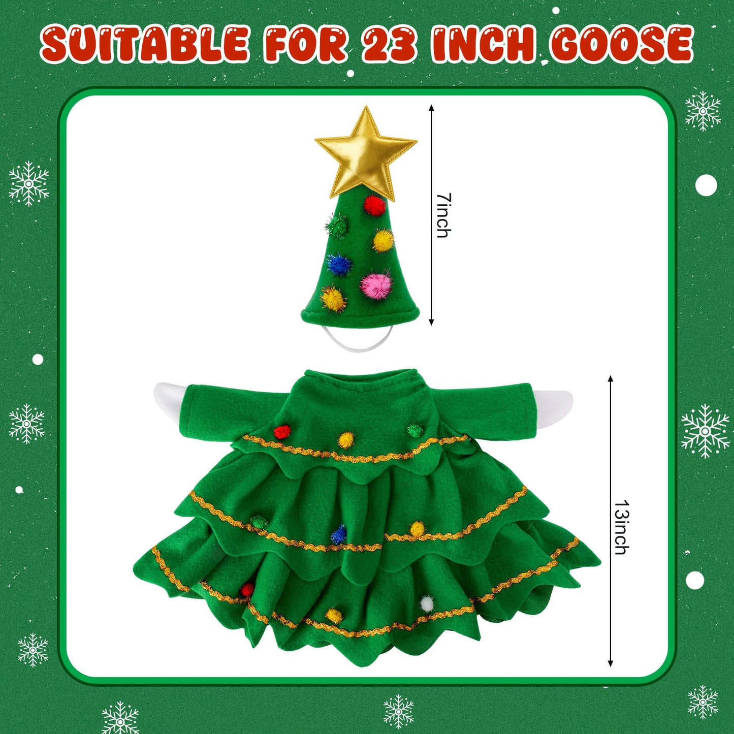 Watayo 2 Pcs/Set Christmas Tree Porch Goose Outfits, Lawn Goose Statue Xmas Tree Costume, Green Christmas Garden Goose Clothes Dress and Hat for 23" High Statue Xmas Holiday Patio Yard Decor