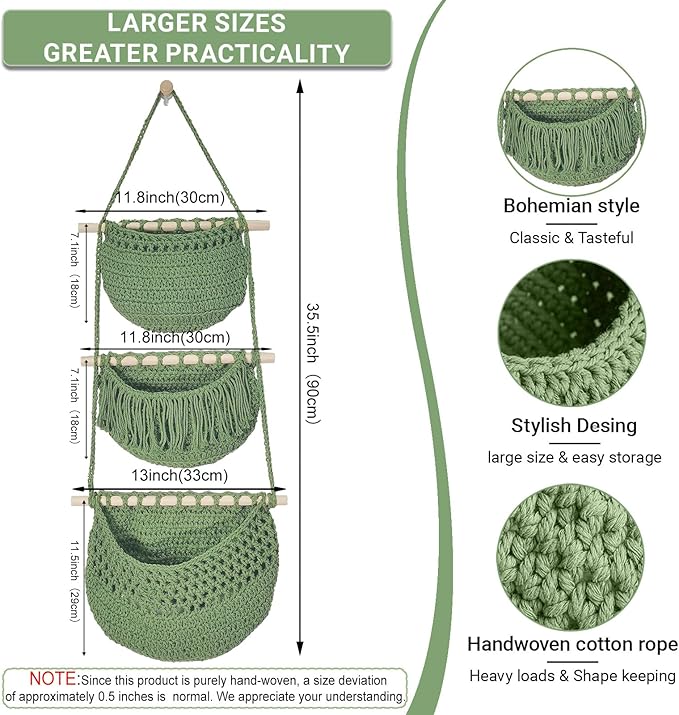 3 Tier Hanging Fruit Baskets for Kitchen, Boho Cotton Rope Handwoven Vegetable