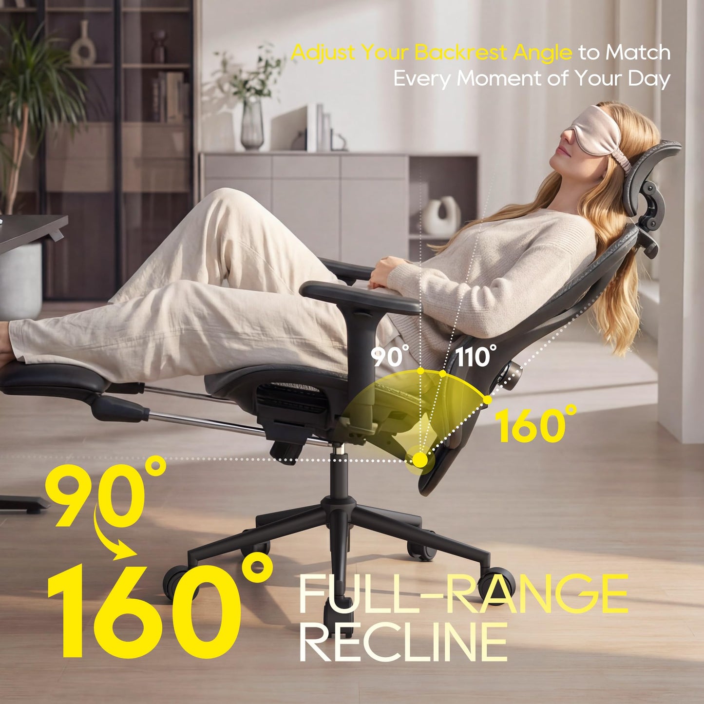 CYKOV Ergonomic Office Chair with Footrest - Adjustable Lumbar Support & Headrest, 90-160° Reclining Mesh Back Computer Chair - Home Office/Gaming, 350lbs Capacity (SGS Certified) (B-Grey, Mesh)
