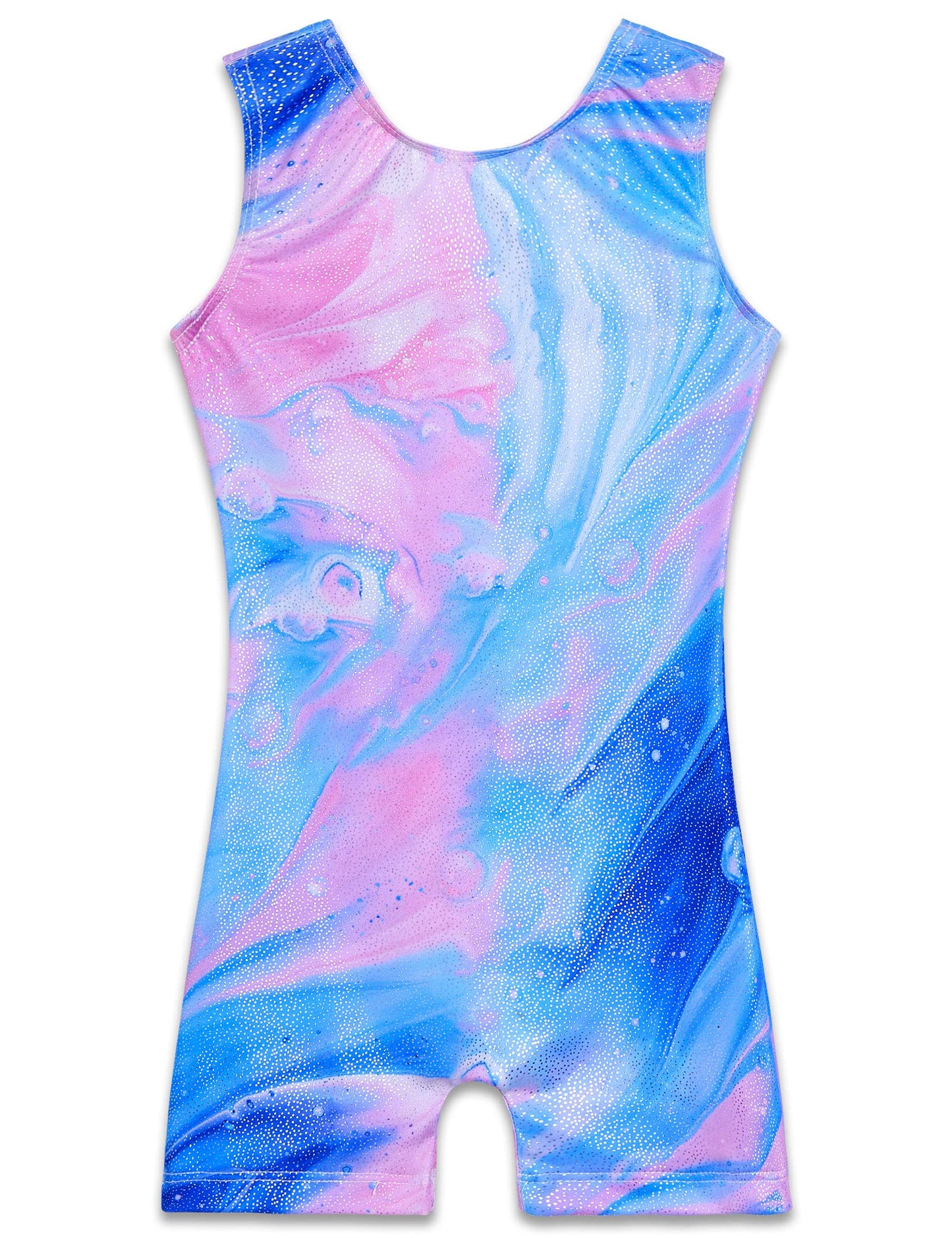 TENVDA Gymnastics Leotards for Girls 6-7 Years Old Sparkly Blue Graffiti Print Tumbling Biketards Unitards with Shorts