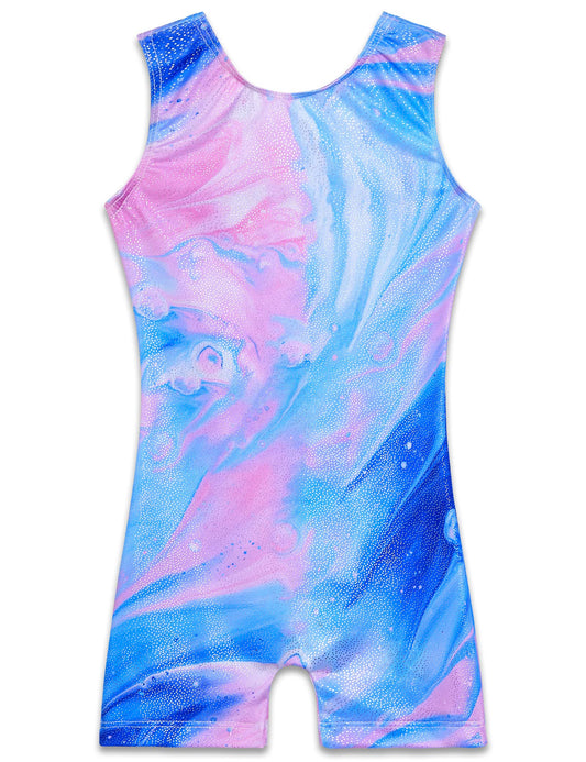 TENVDA Gymnastics Leotards for Girls 6-7 Years Old Sparkly Blue Graffiti Print Tumbling Biketards Unitards with Shorts