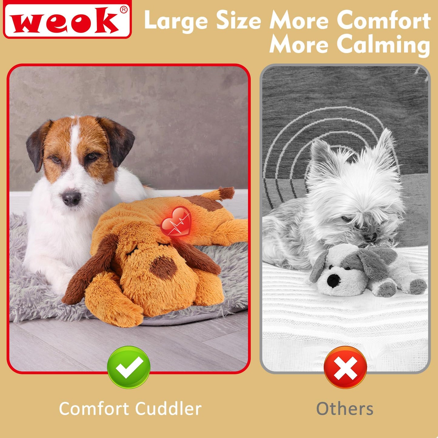 WEOK Heartbeat Puppy Toy - Comfort Cuddler Pillow, Dog Anxiety Relief Calming Aid,Heartbeat Stuffed Toy for Dogs,Puppy Sleep Aid, Behavioral Aid, Dog Plush Toy with Heartbeat for Dogs Cats Pets