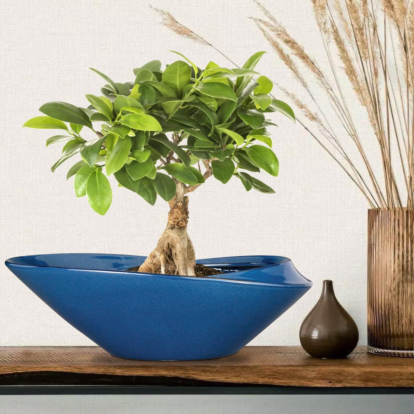 EPFamily Bonsai Pot - 18 Inch Ceramic Planter for Indoor Outdoor Plants Bonsai Tree Pot Modern Large Succulent Planter Decorative Plant Pot with Drainage Hole Blue