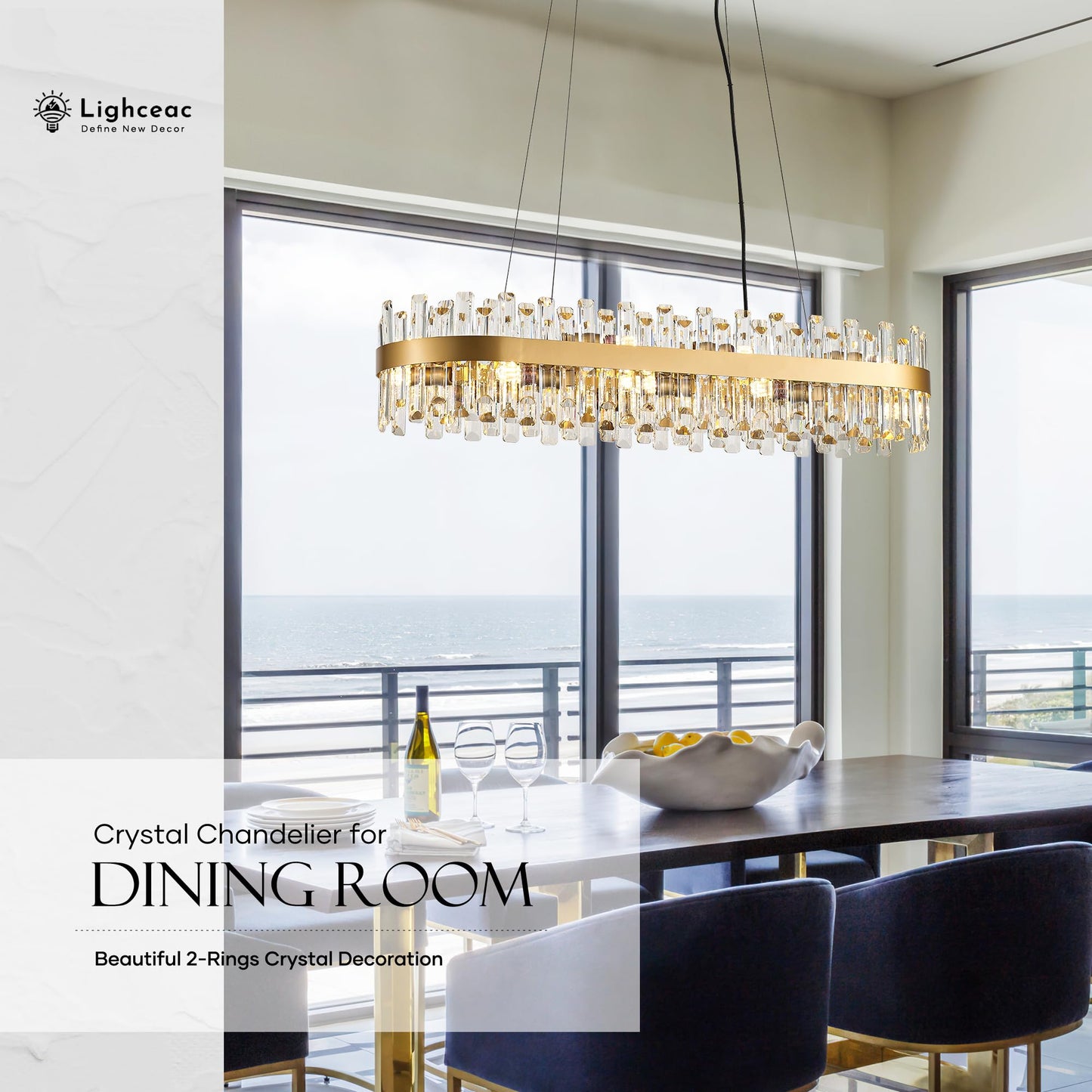 lighceac 39" Modern Gold Rectangle Crystal Chandelier Light Fixtures for Kitchen Island Luxury Linear Crystal Chandeliers for Dining Room 16-Light Long Hanging Pendant Lighting for Entryway Foyer Bar
