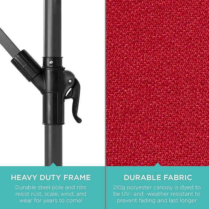 Best Choice Products 10ft Offset Hanging Market Patio Umbrella w/Easy Tilt Adjustment, Polyester Shade, 8 Ribs for Backyard, Poolside, Lawn and Garden - Red