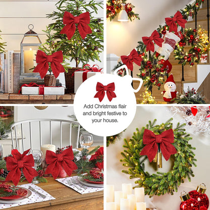 23pcs 5.5'' Mini Christmas Bow Decorations and 4 Rolls Sheer Glitter Ribbon, Sequin Wreaths Bows and Organza for Christmas Tree Ornaments Gift Wrapping (Red Bow and Golden Ribbon)
