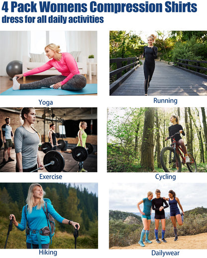 TELALEO 4 Pack Women's Compression Shirt Long Sleeve Performance Workout Baselayer Athletic Top Sports Gear-Black/Grey/White/Blue Small