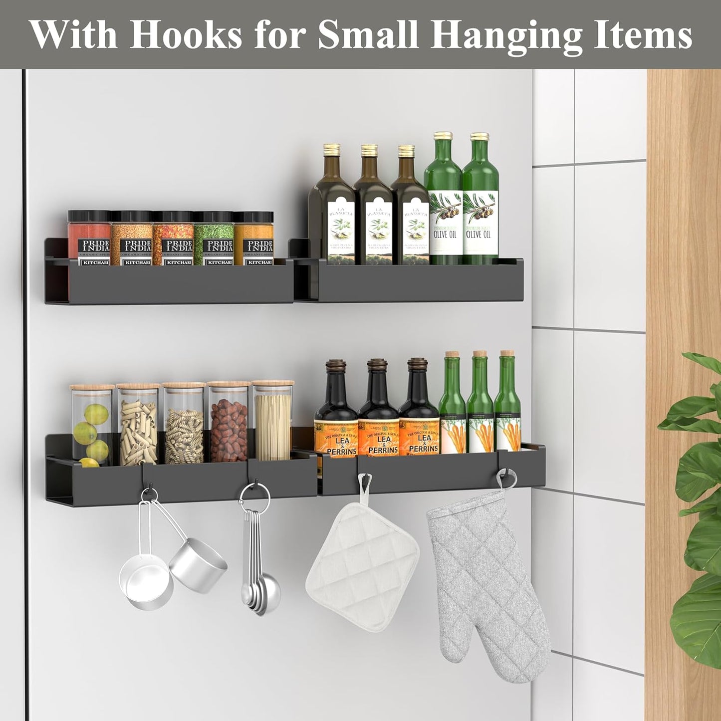 4 Pack Magnetic Spice Rack Organizer for Refrigerator and Oven, Black Fridge Organizers and Storage for Kitchen