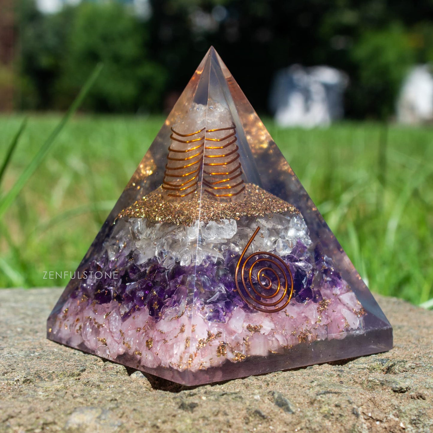 Amethyst, Rose Quartz, Clear Quartz Triple Layer Manifestation Orgonite Pyramid for Love, Success, Inner Peace, | Handmade crystal pyramid with Copper Coil and Crystal Quartz for Manifestation healing