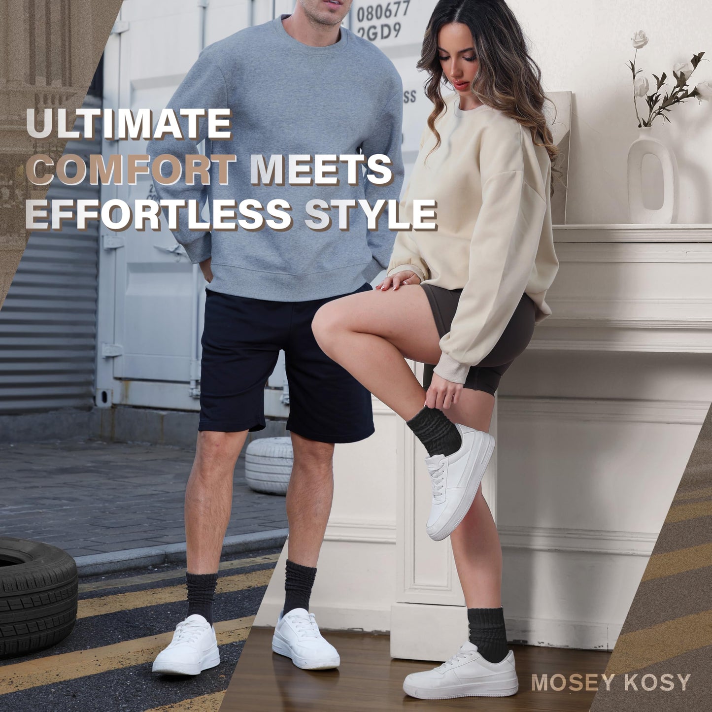 MOSEY KOSY Scrunch Cotton Socks, Slouch Calf Breathable Soft Socks for Women and Men, 4 Pairs (Black,M)