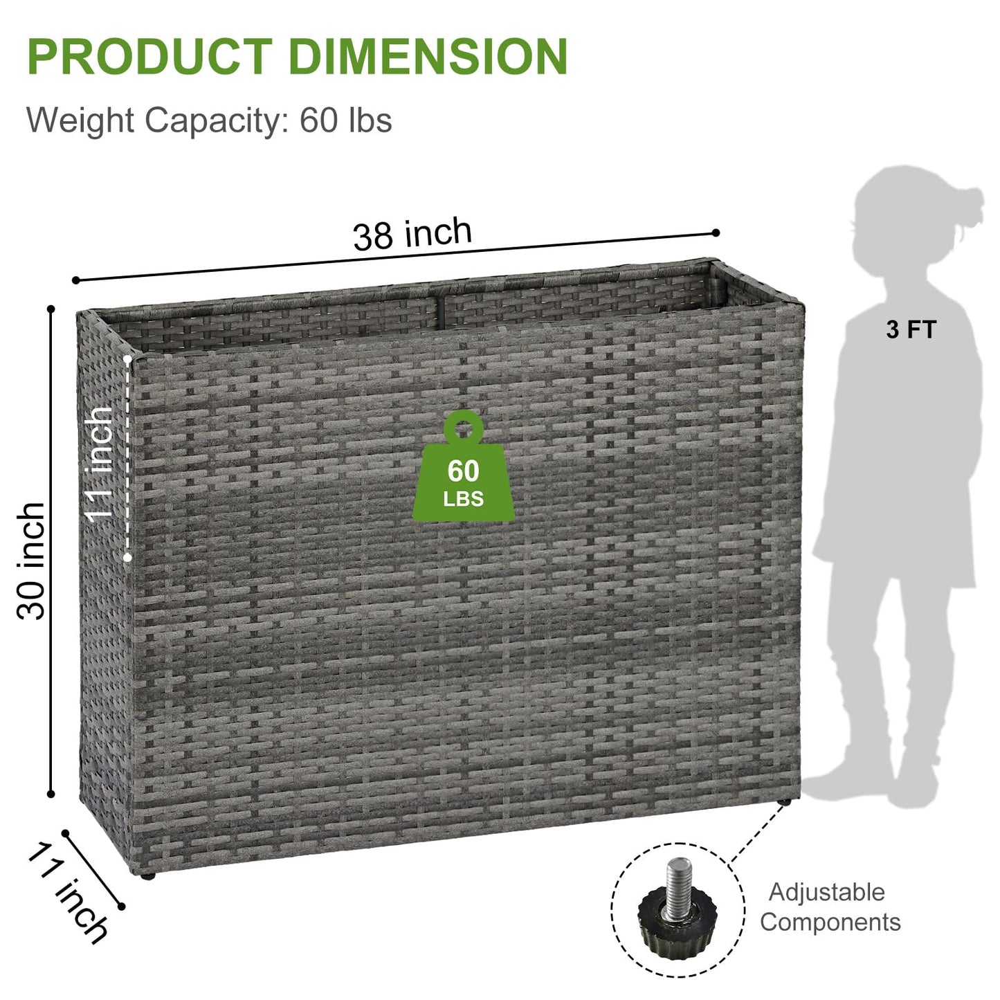 LEWIS&WAYNE Large Rectangular Block Planter Box Handmade Wicker Tall Planters for Outdoor Plants with Removable Liners Modern Planter for Indoor Outdoor Patio Deck - Gray, 38''x11''x30''