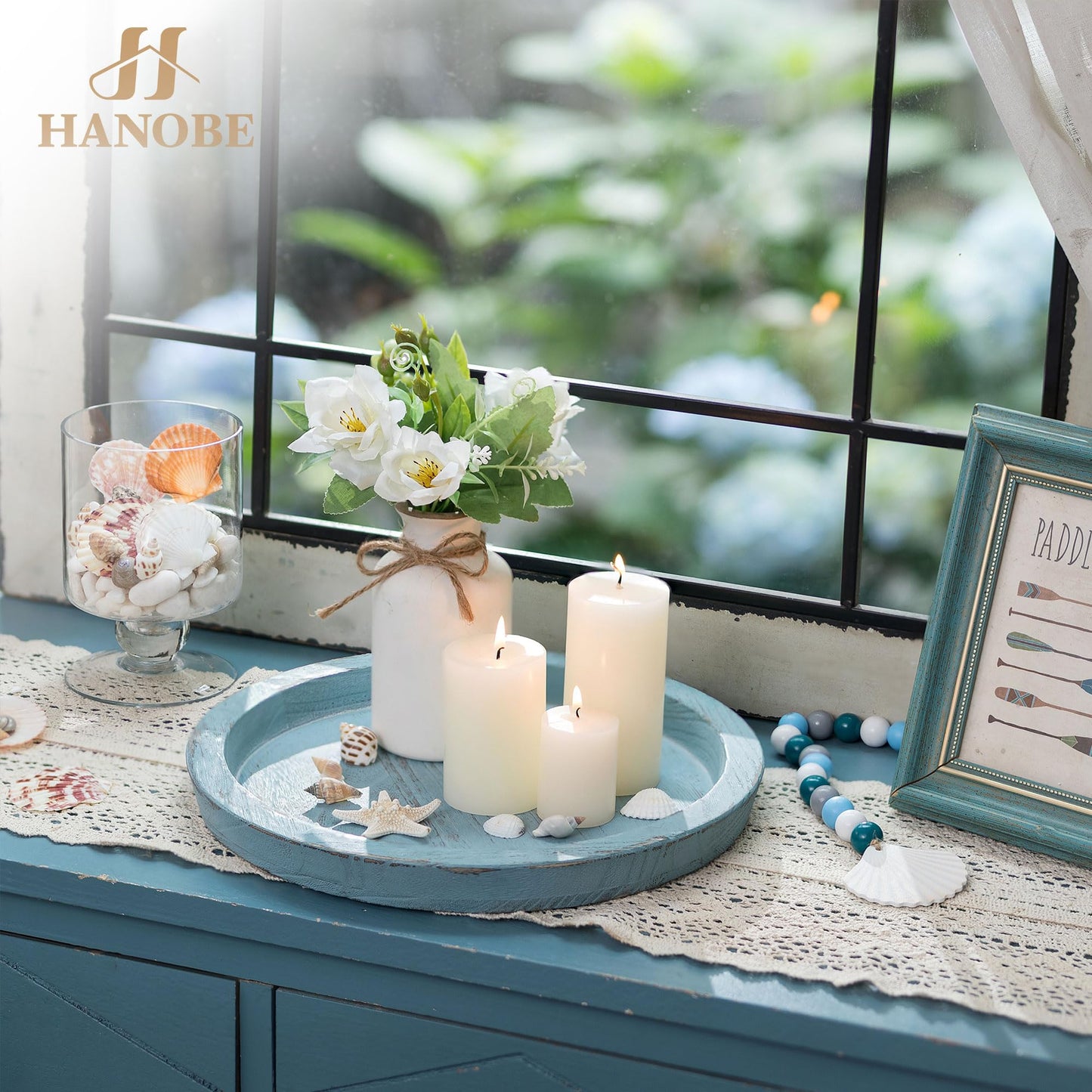 Hanobe Beach Decor Decorative Tray: Farmhouse Coastal Tray for Nautical Themed Decorations Coffee Table - Round Wooden Trays Ocean Style for Bathroom Countertop Centerpiece Rustic Blue