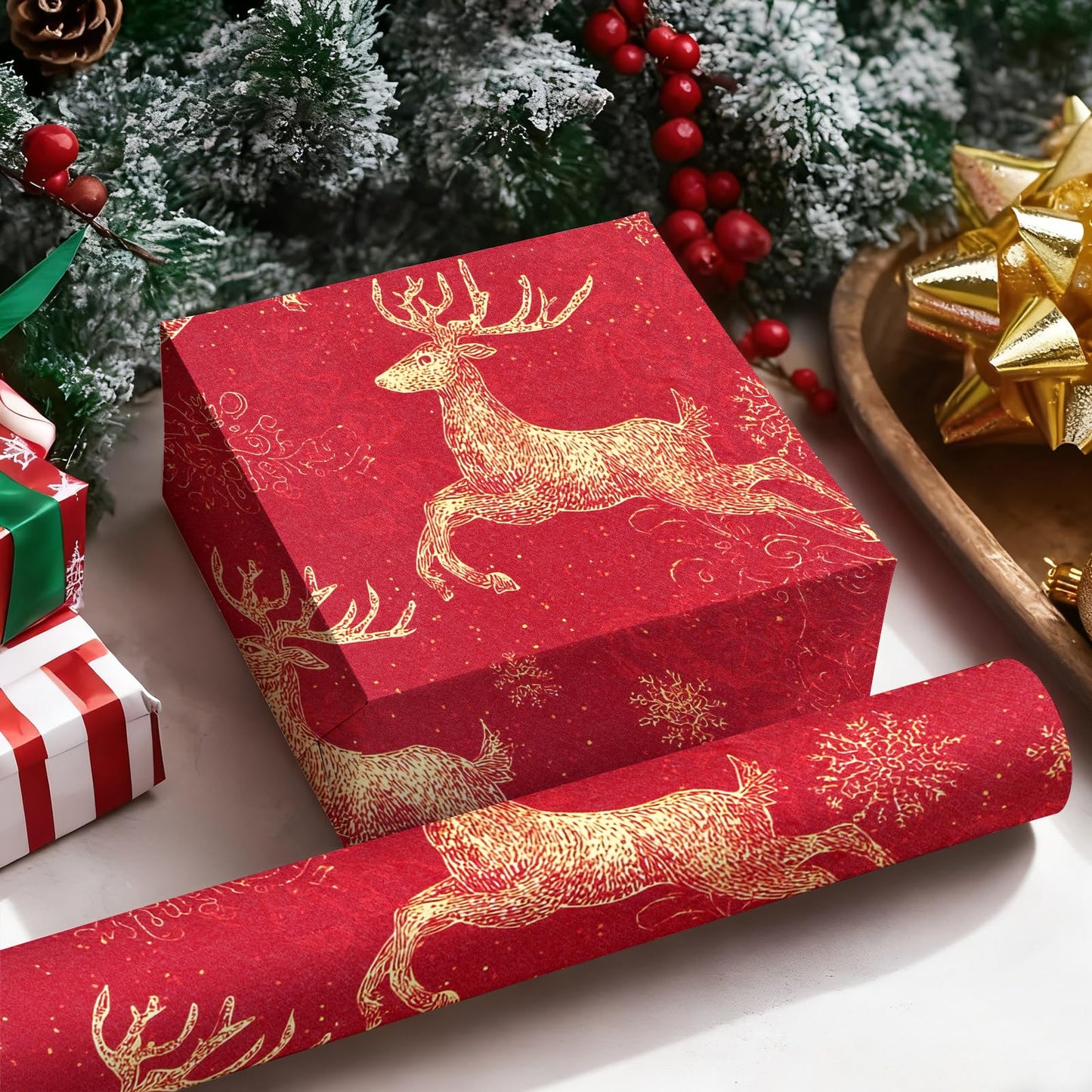 Timeet Peel and Stick Christmas Wallpaper Gold Reindeer Contact Paper Snowflake Holiday Wall Paper Decor on Red Background Removable Self-Adhesive Wallpaper Vinyl Christmas Decor 17" x 196.8"
