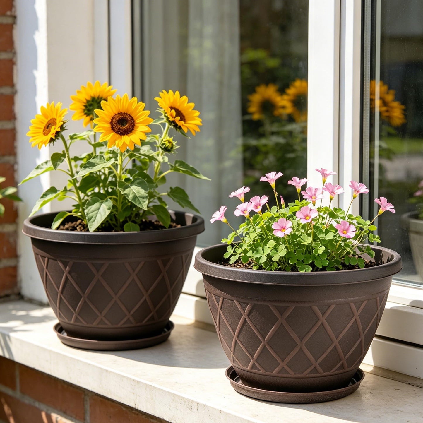 4 Pack 10 Inch Plant Pot, Planter Pots with Drainage Holes & Saucers, Modern Plaid Pattern Planters Garden Pots for Herbs, Decorative Plastic Flower Pots for Outdoor Indoor Home Plants (Brown)