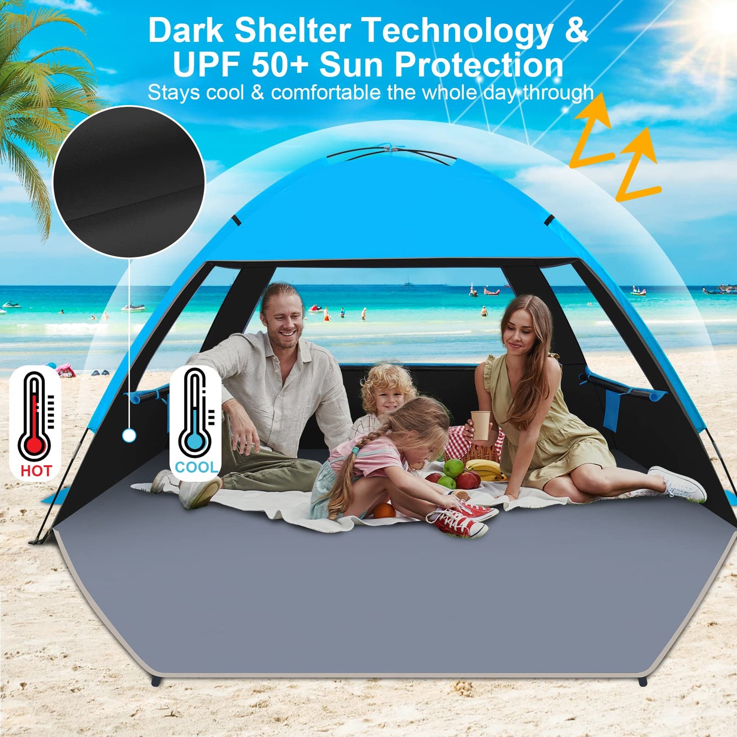 Gorich Beach Tent for 4 People + Beach Tent Poles for Replacement (4 People, Dark Shelter)