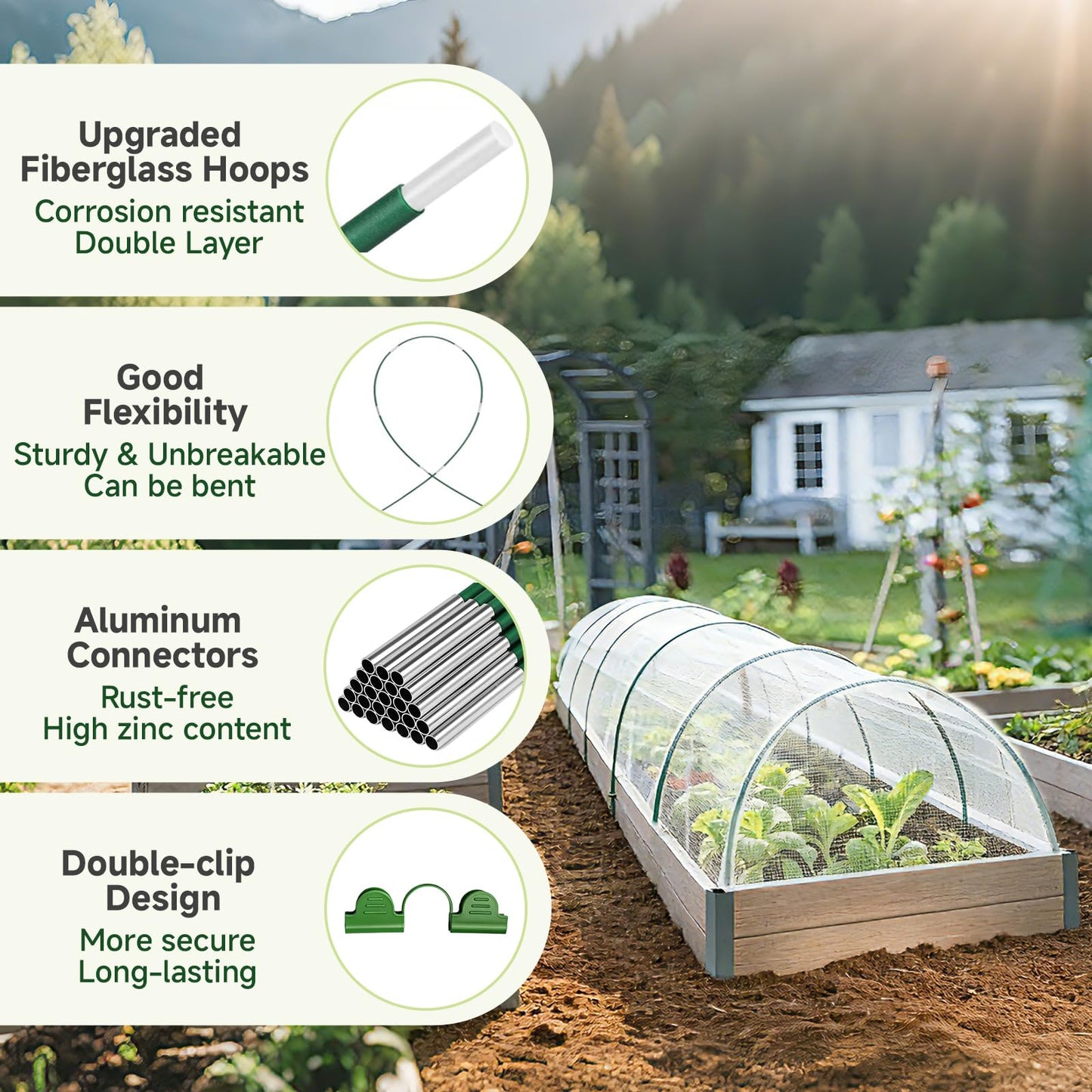 Nsitehalo 25pcs Garden Hoops for Raised Beds, Rust-Free Fiberglass Greenhouse Hoops Grow Tunnel with Clips, Support Hoop House Frame for Garden Netting & Fabric, Row Cover Plant Stakes for Vegetables