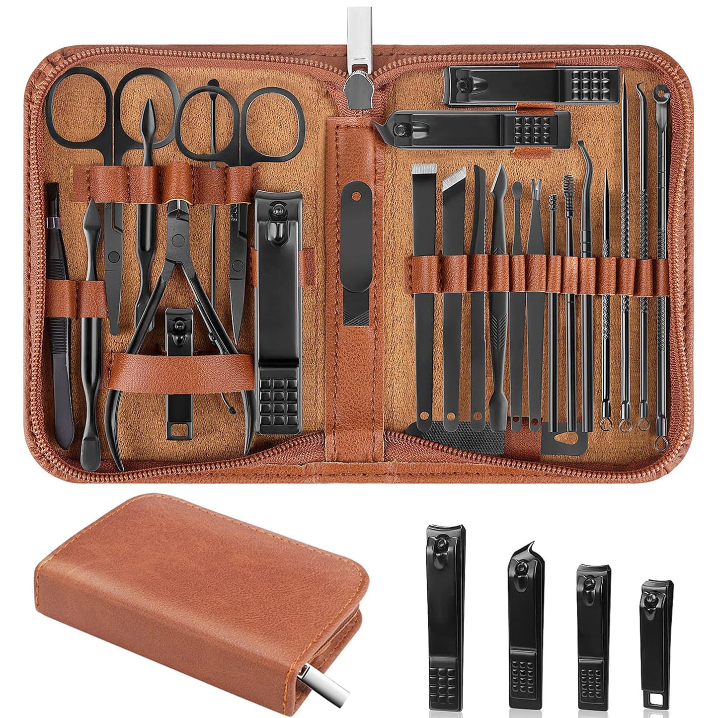 Nail Clippers Set, 26 Piece Manicure Set & Pedicure Kit, Stainless Steel Fingernail & Toenail Clipper Cutters, Professional Nail Care Tools with Luxurious Travel Case for Men and Women, Black