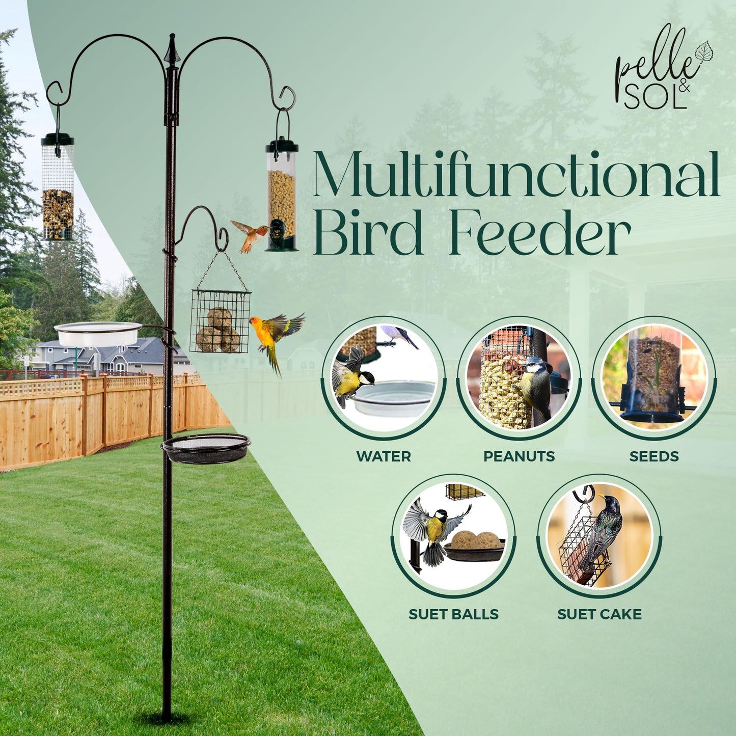 Pelle & Sol Bird Feeder with 3 Bird Feeders & 2 Dishes | Bird Feeders Hanging Station, Bird Feeding Stations for the Garden, Bird Feeders for Small Birds, Bird Feeder Station, Bird Feeding Station