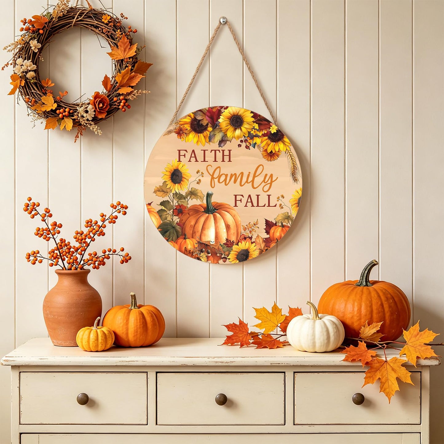 Faith Family Fall Front Door Sign Fall Sunflower Pumpkin Door Decorations Wood Sign Autumn Harvest Wreath Door Hanger Farmhouse Fall Plaques Wall Hanging Decoration for Home Proch Yard 12"x12"