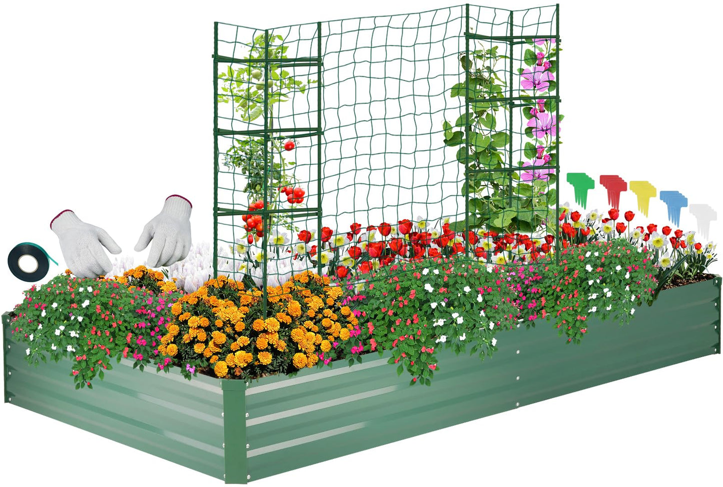 ONCEMORE Galvanized Raised Garden Bed for Vegetables Flowers Herbs, Metal Raised Garden Bed Kit with 2 PCS Tomato Cage, Gloves, Trellis Netting, Plant Labels, Plant Ties, Green 6×3×1FT