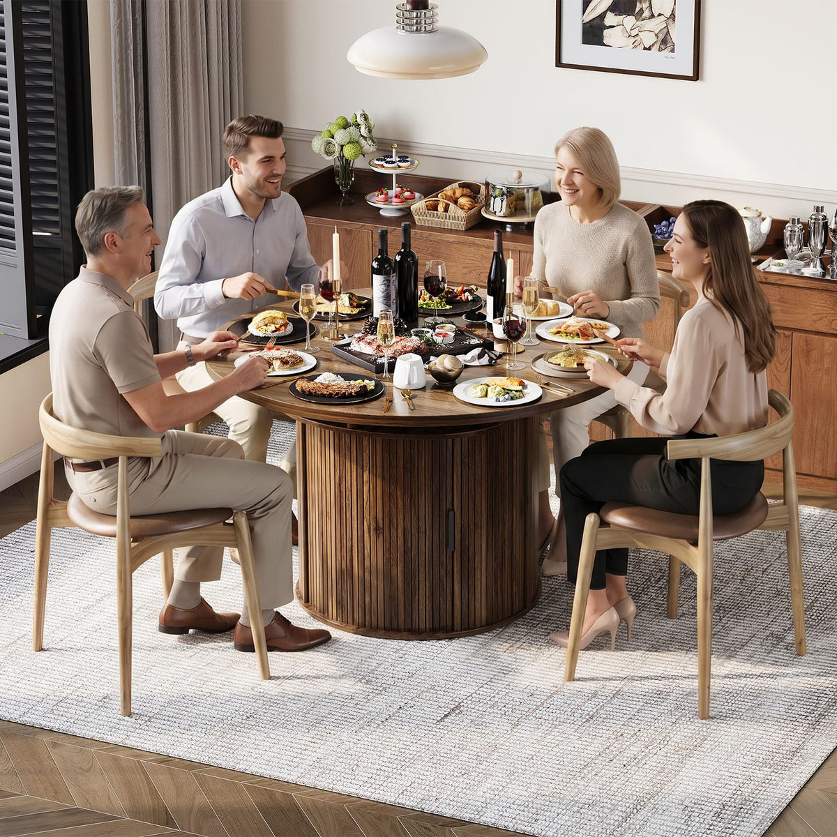Garvee Extendable Round Dining Table with 2-Tier Storage Shelf & Drawer, 47.5 to 63 Inch Expandable Kitchen Table for 4-8 PM, Modern Farmhouse Fluted Pedestal Oval Circle Dinner Table, Walnut