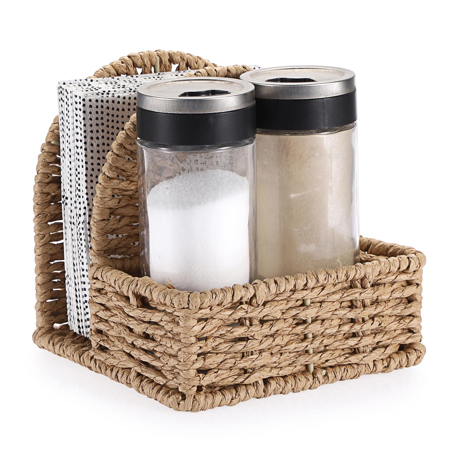 Sumnacon Wicker Napkin Holders with Salt and Pepper Shakers Caddy, Standing Napkin Dispenser with Condiment Tray, Farmhouse Upright Napkin Basket for Kitchen Dining Table Centerpiece (No Shakers)