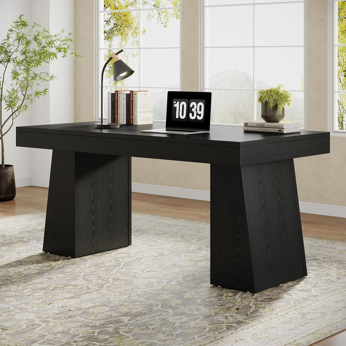 Tribesigns 55" Executive Desk, Wooden Office Desk with Double Pedestal, Modern Simple Computer Writing Table for Home Office, Black