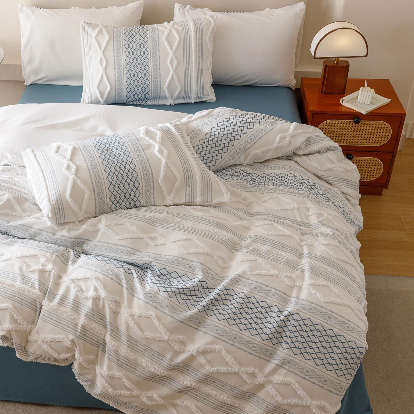 KAREVER Ivory Blue Boho Comforter Set Full Mixed Textures Jacquard Bedding Set Durable Chic and Stylish Bedroom Set