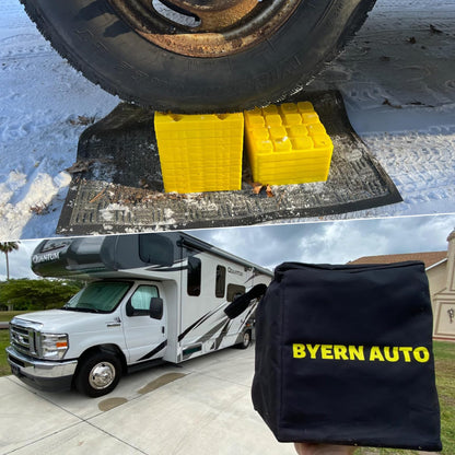 BYERNAUTO RV Leveling Blocks 10 Pack, Heavy Duty Camper Levels Blocks, Interlocking Leveling Blocks with Carrying Bag for Single and Dual Wheels Hydraulic Jacks Tongue Jacks Tandem axles Yellow