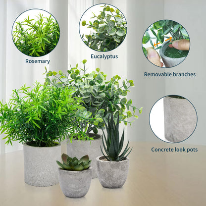 4 Set Artificial Plants Indoors in Pots, Plastic Fake Plants Potted, Eucalyptus, Rosemary, Small Succulents Faux Plants for Office Desk Bedroom Kitchen House Decoration