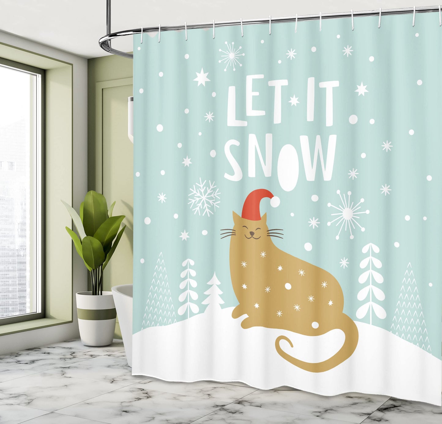 Ambesonne Christmas Shower Curtain, Let It Snow Words Kitty Cat with Santa Claus Hat Snow Graphic, Cloth Fabric Bathroom Decor Set with Hooks, 69" W x 70" L, Brown Seafoam