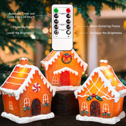 Christmas Gingerbread House Tabletop Decoration Lighted Christmas Village House Real Wax Battery Operated with Remote Flickering LED Light Christmas Village Decor for Mantel Desk Table Centerpiece