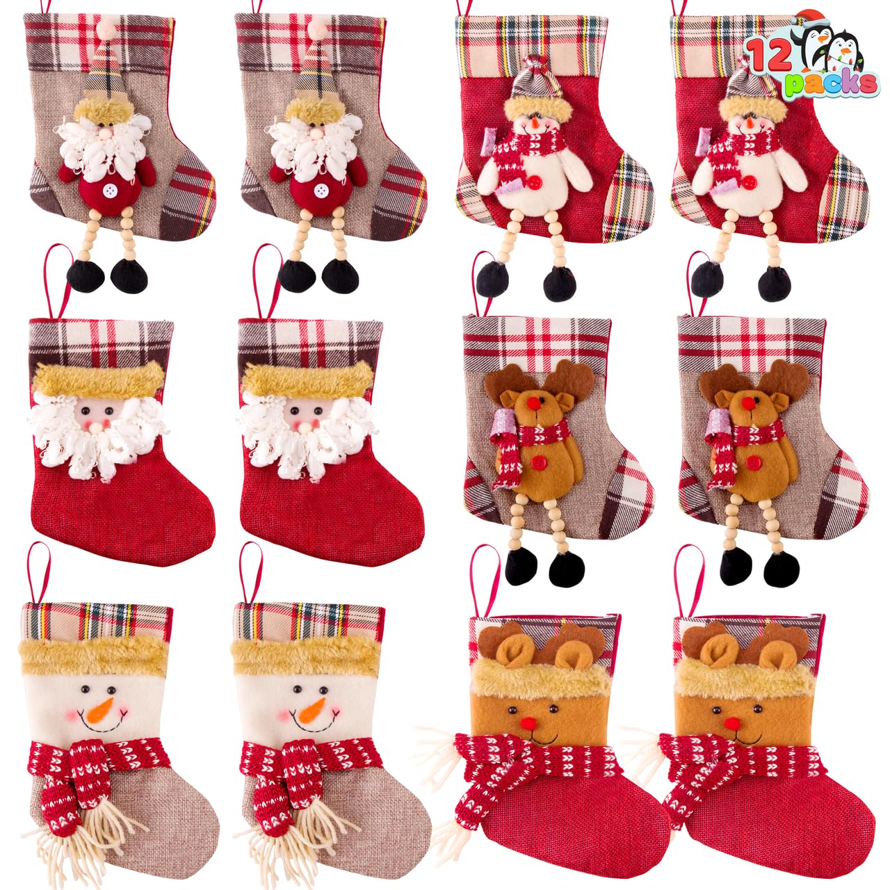 JOYIN 12 Pcs Mini Christmas 3D Bulk Xmas Stockings Santa Snowman Reindeer Burlap Stockings for Present Holders Treat Bags Christmas Tree Decoration Xmas Party Decors