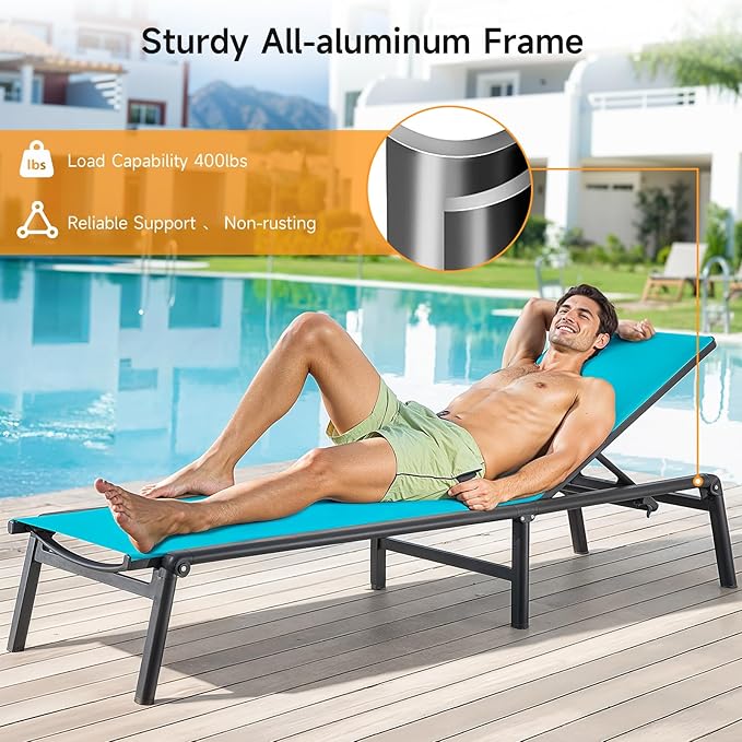 Aluminum Chaise Lounge Chair Outdoor, Foldable & Assembly Free Outdoor Lounge