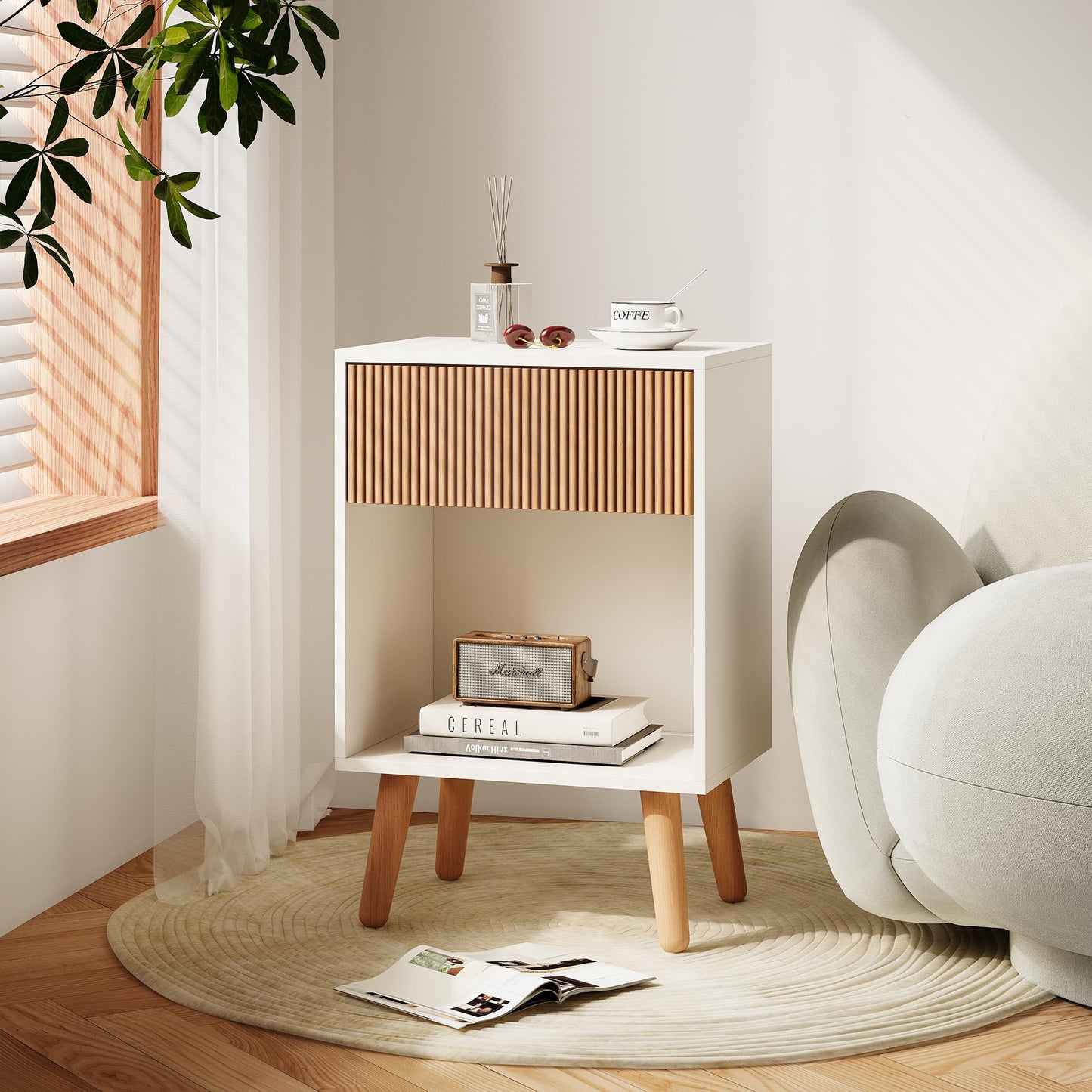 Fluted Nightstand, Modern Bedside Table with Storage Drawers and Open Wood Shelf, Night Stand with Solid Wood Legs, End Tables Side Tables for Living Room, Bedroom