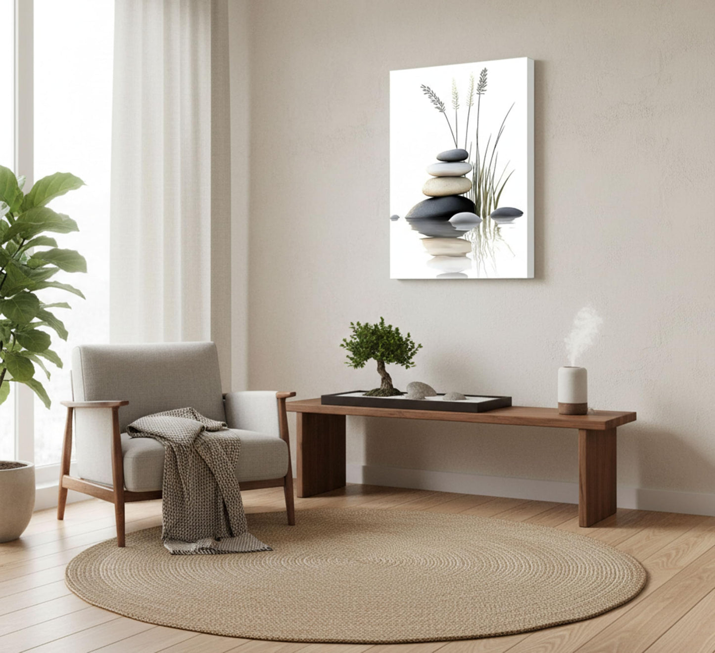 Zen Stone Canvas Wall Art Stacked Stones in Water with Grasses Painting Picture Wall Decor Poster Print Suitable for Yoga Meditation Room Bathroom Bedroom Study Home Decoration