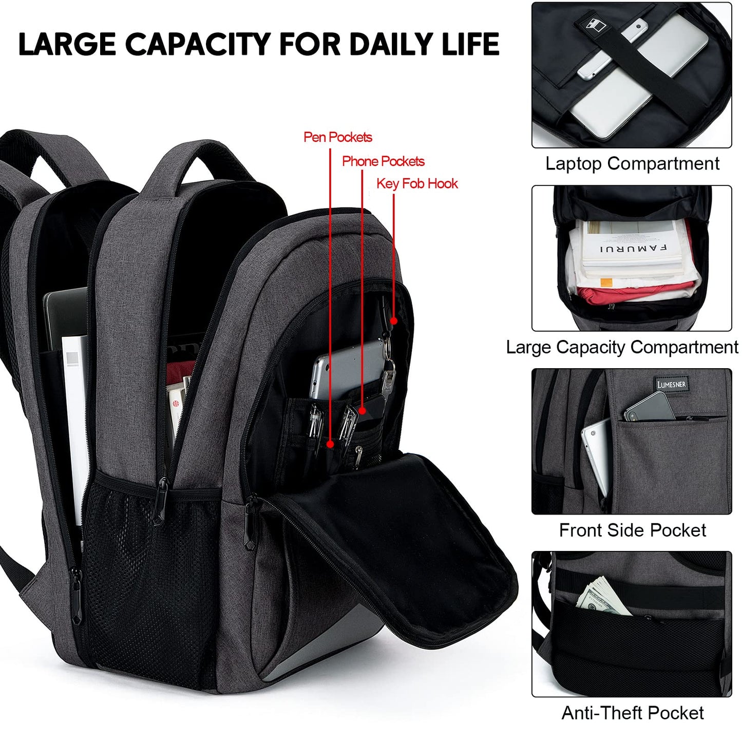 Lumesner Business Laptop Backpack with USB Charging Port; 17.3 Inch Anti Theft Travel Backpack for Men/Women; Water Resistant Computer Rucksack for School/Work/Travel