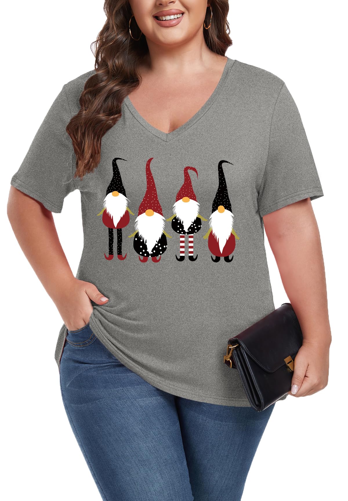 ForHailey Christmas Shirts for Women Plus Size Tops Merry Christmas Gnome Turkey Tee Shirts 2024 V Neck Short Sleeve T-Shirt Christmas Outfits Grey 3X-Large