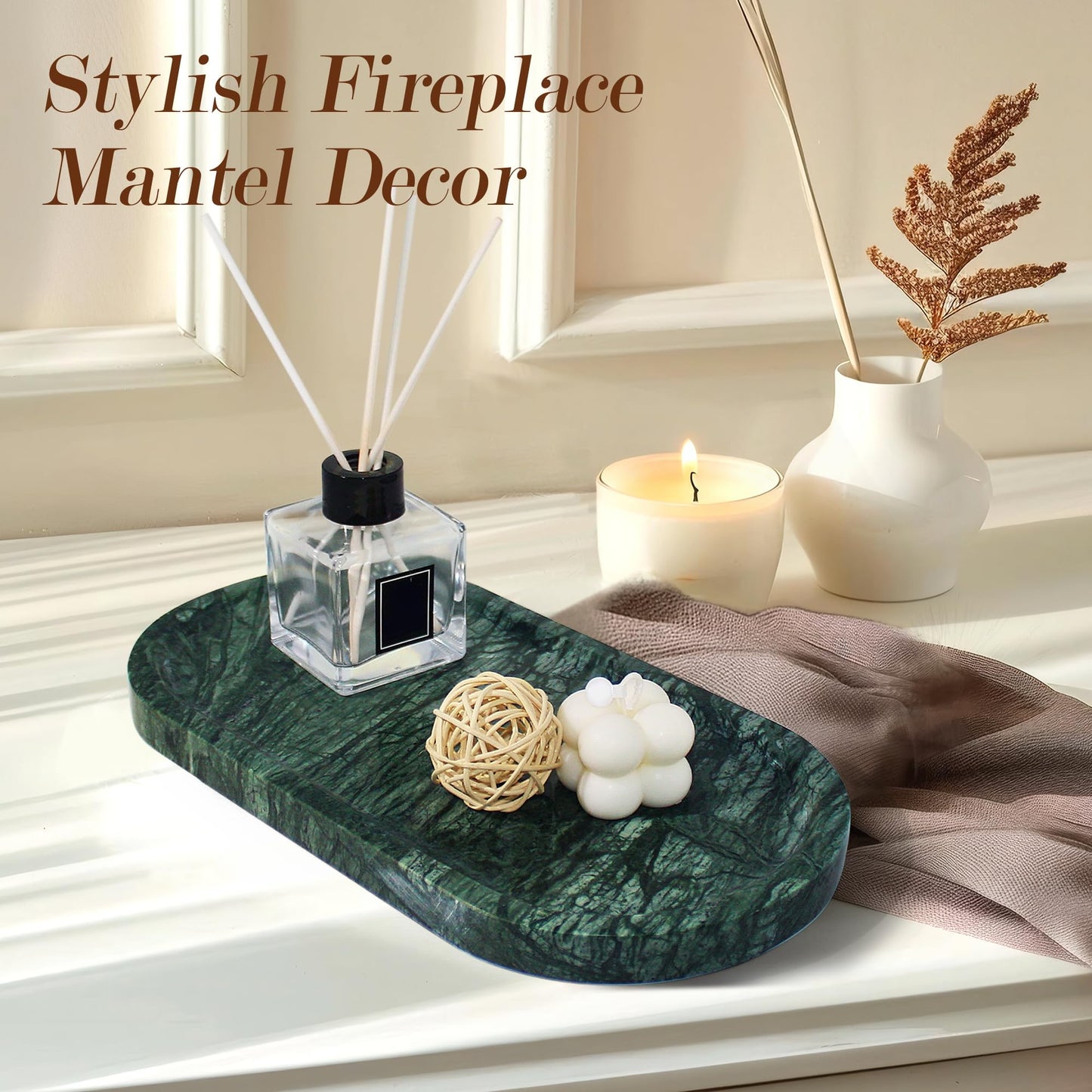 YMXYJM Genuine Real Natural Marble Tray for Bathroom, Luxury Indian Green Stone Vanity Tray, Decorative Oval Trays for Countertop Storage Organizer, Dresser, Kitchen, Home Decor, 11.8" x 6", Green