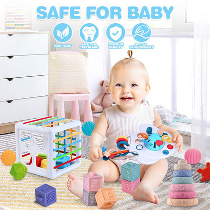 Springflower 5 in 1 Montessori Toys for Babies 0-3-6-12 Months, Soft Baby Teething Toys, Sensory Bin Toy, Stacking Building Blocks & Rings Infants,Developmental Toddler,Gift 12-18 Months