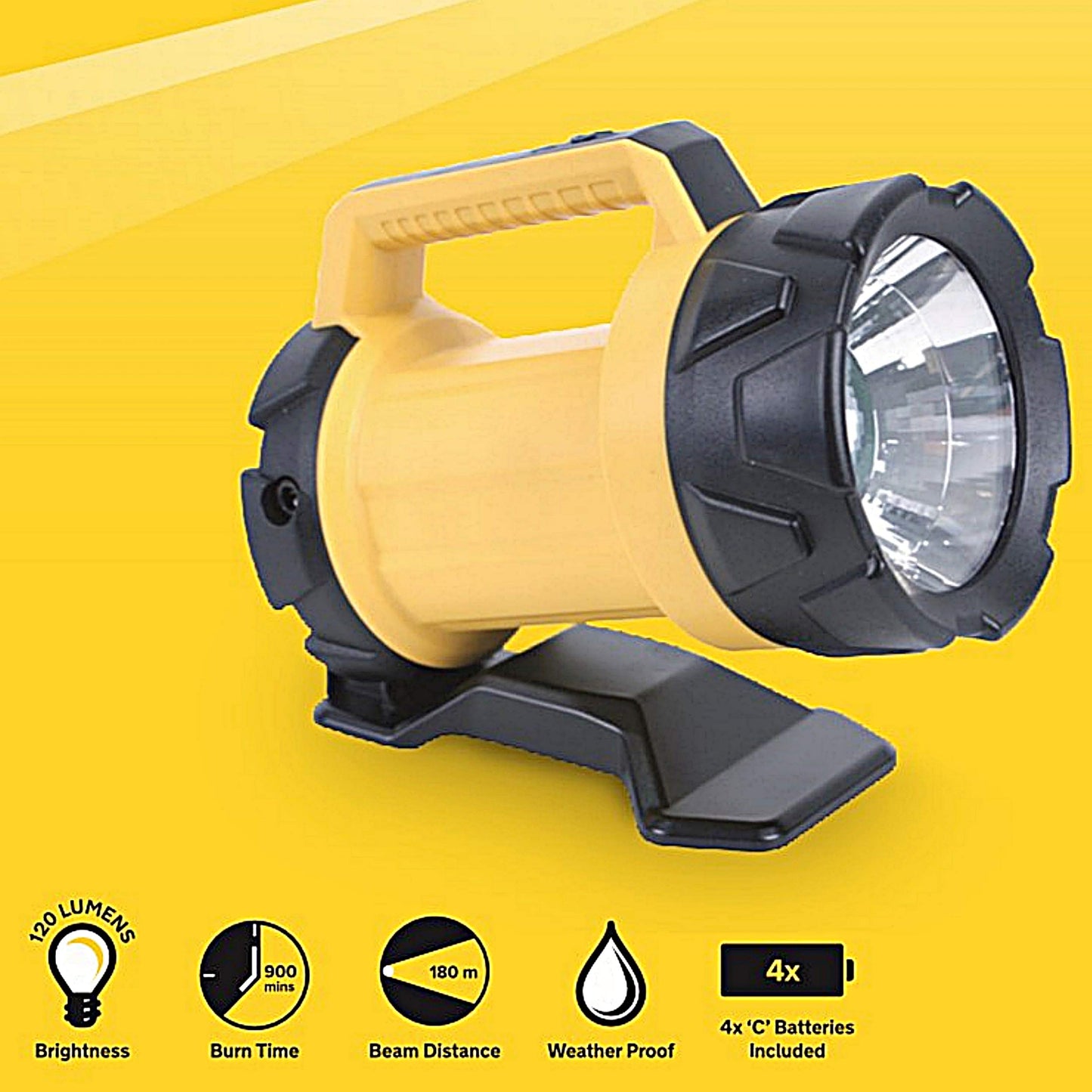 AA Heavy Duty LED Torch AA3881 – 180 m Beam Distance, Adjustable Base 6 Angles, 120 Lumens, Weatherproof, Batteries Included, Black Yellow