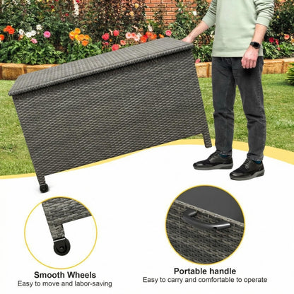 IDEALHOUSE 125 Gallon Outdoor Storage Deck Box with Wheels, Waterproof PE Rattan Garden Storage Chest for Patio, Balcony, Poolside, and Backyard, Portable Storage Container with Handles, Gary