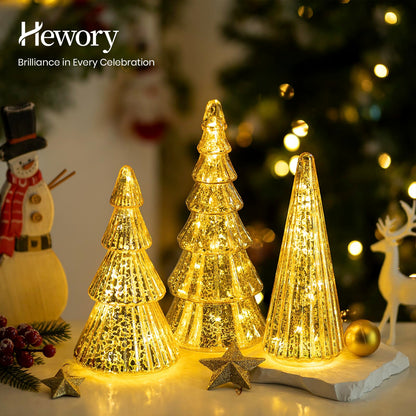 Hewory Mercury Glass Christmas Tree: Set of 3 Gold Table Top Christmas Ornaments Trees with LED Lights, Christmas Centerpiece Table Decorations Indoor for Dining Fireplace Mantel Winter Holiday Decor