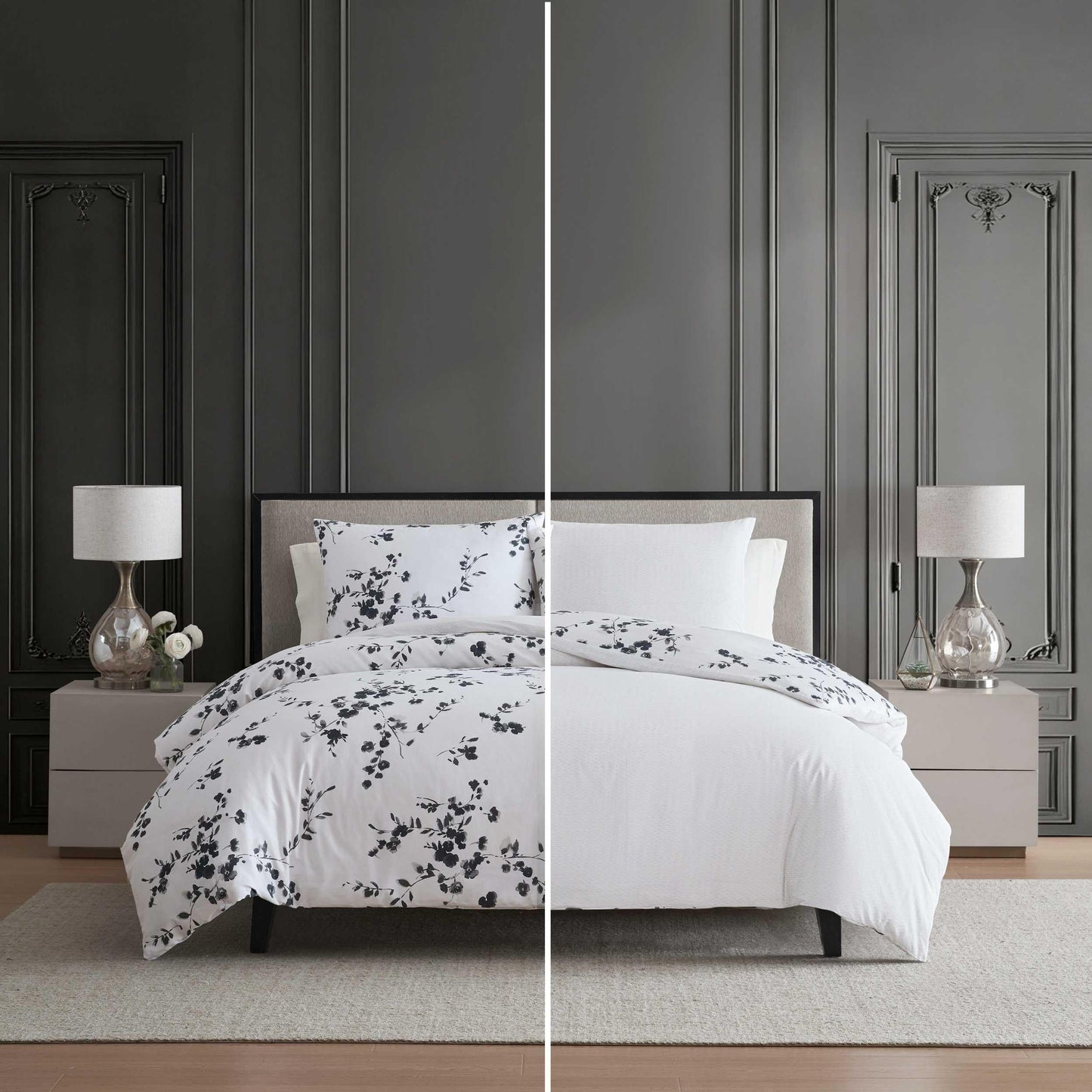 Vera Wang - Queen Comforter Set, Reversible Floral Bedding with a Naturally Soft Feel, 3 Piece Bed Set with Matching Pillowcases (Noir Bouquet/Ikat Line Grey)